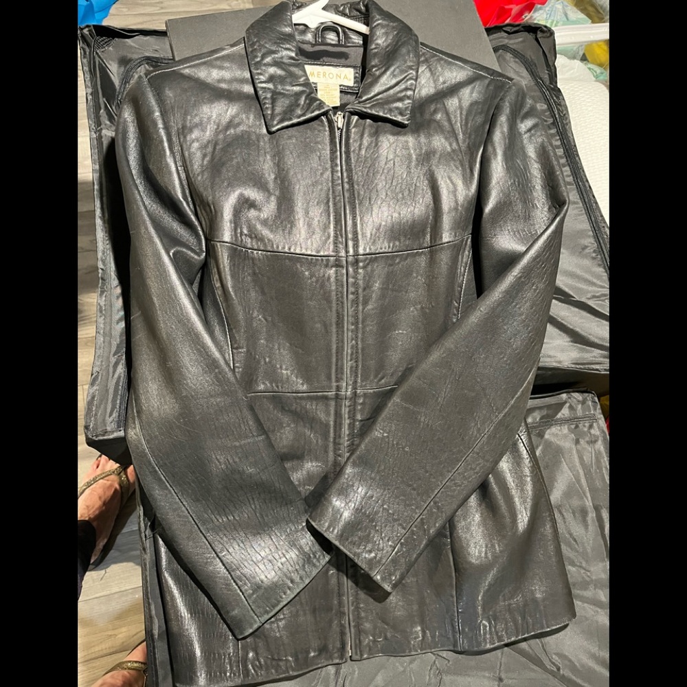 Merona Black Leather jacket womens size Small